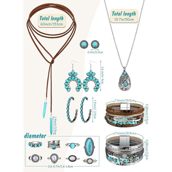 15 pcs Women's Jewelry Set Turquoise Necklace Earrings Bracelets Rings - Picture 3 of 7